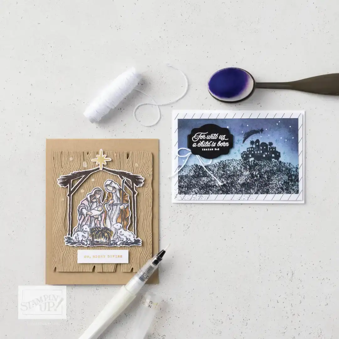 Blending-Pinsel mit Tinte neben Karten mit Riesenrad-Motiv und Spruch „Celebrate“