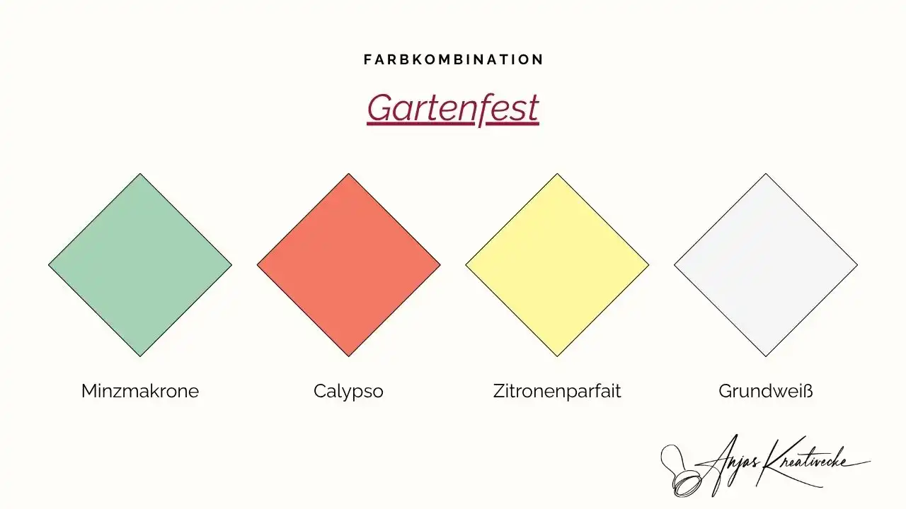 Stampin' Up! Sommer  Farbkombinationen 
Gartenfest: Minzmakrone, Calypso, Zitronenparfait und Grundweiß – frische Sommerfarben zum Kartenbasteln