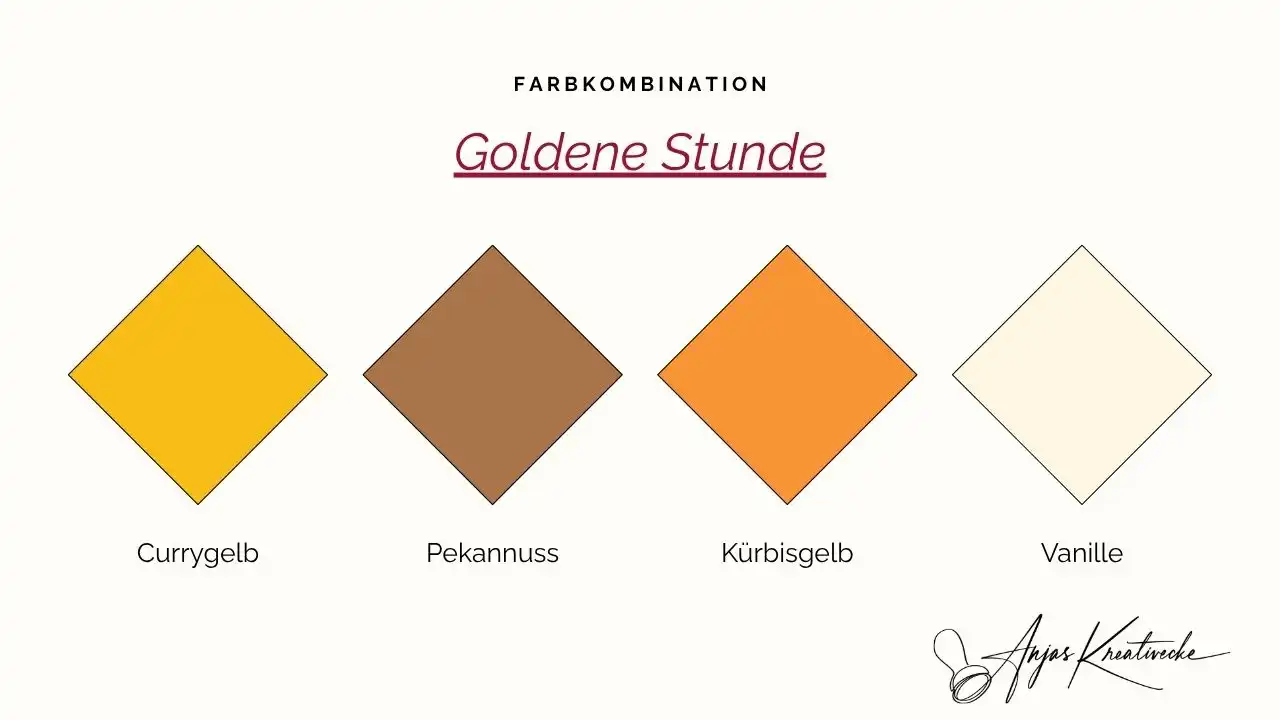 Stampin' Up! Sommer  Farbkombinationen 
Goldene Stunde: Currygelb, Pekannuss, Kürbisgelb und Vanille – warme Herbstfarben zum Kartenbasteln