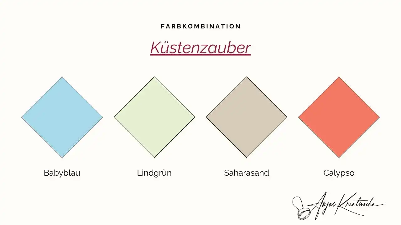 Stampin' Up! Sommer  Farbkombinationen 
Küstenzauber: Babyblau, Lindgrün, Saharasand und Calypso – sanfte Meeresfarben zum Kartenbasteln