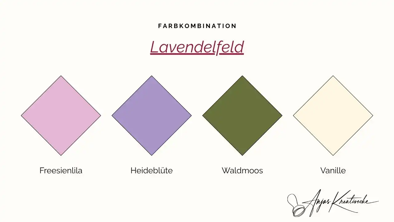 Stampin' Up! Sommer  Farbkombinationen 
Lavendelfeld: Freesienlila, Heideblüte, Waldmoos und Vanille – romantische Pastellfarben zum Kartenbasteln
