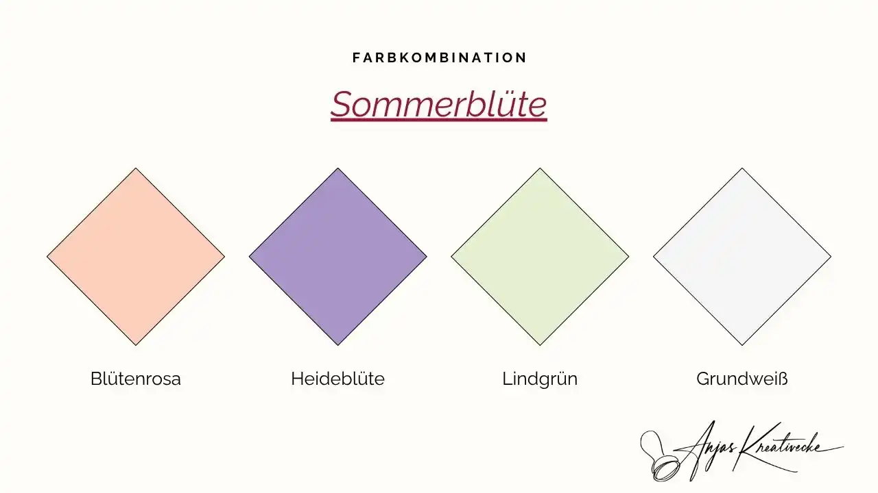 Stampin' Up! Sommer  Farbkombinationen 
Sommerblüte: Blütenrosa, Heideblüte, Lindgrün und Grundweiß – zarte Pastellfarben zum Kartenbasteln