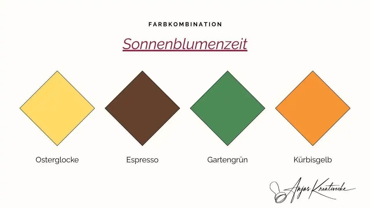 Stampin' Up! Sommer  Farbkombinationen 
Sonnenblumenzeit: Osterglocke, Espresso, Gartengrün und Kürbisgelb – kräftige Sommerfarben zum Kartenbasteln