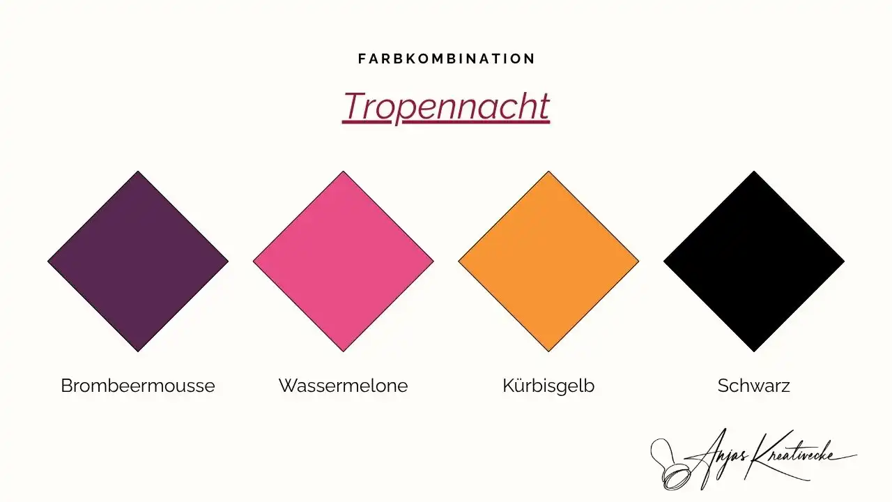 Stampin' Up! Sommer  Farbkombinationen 
Tropennacht: Brombeermousse, Wassermelone, Kürbisgelb und Schwarz – kräftige Tropenfarben zum Kartenbasteln