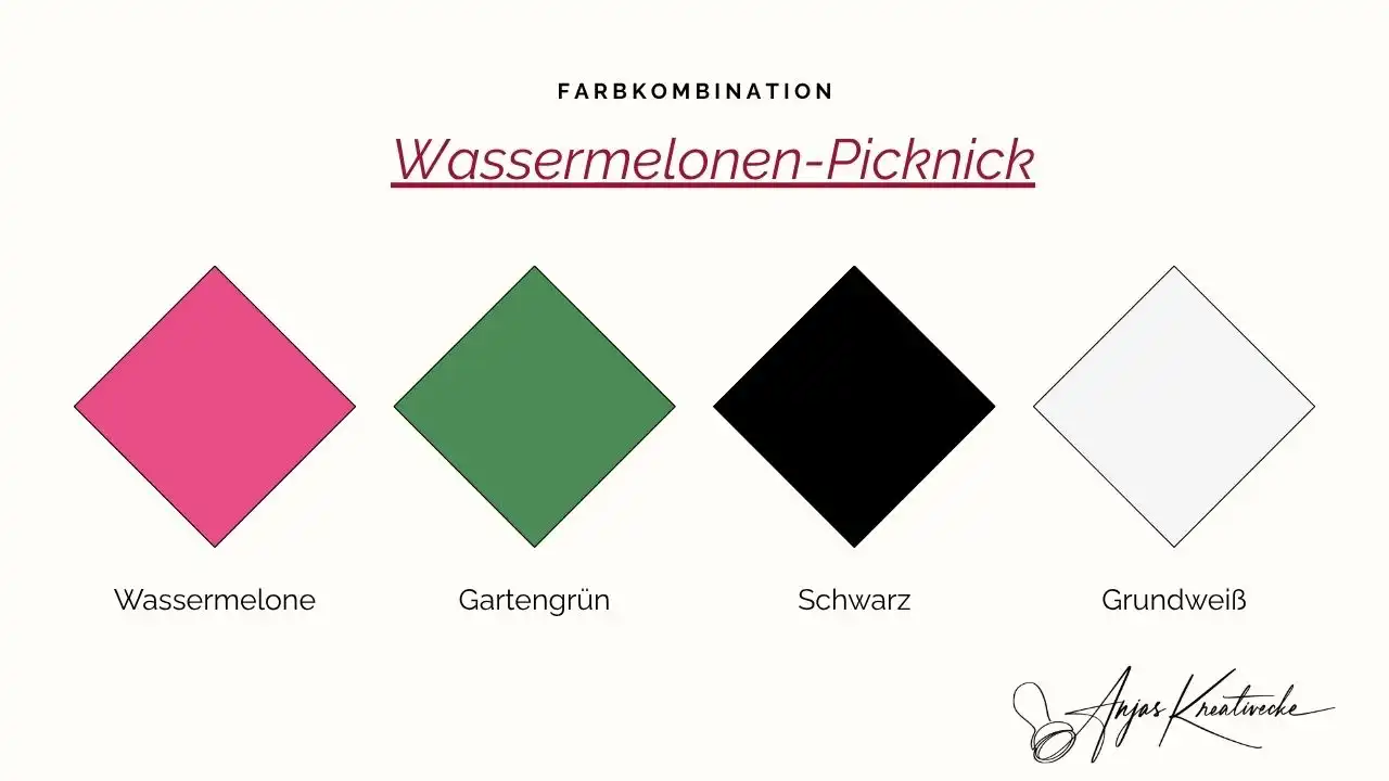 Stampin' Up! Sommer  Farbkombinationen 
Wassermelonen-Picknick: Wassermelone, Gartengrün, Schwarz und Grundweiß – sommerliche Kontrastfarben zum Kartenbasteln