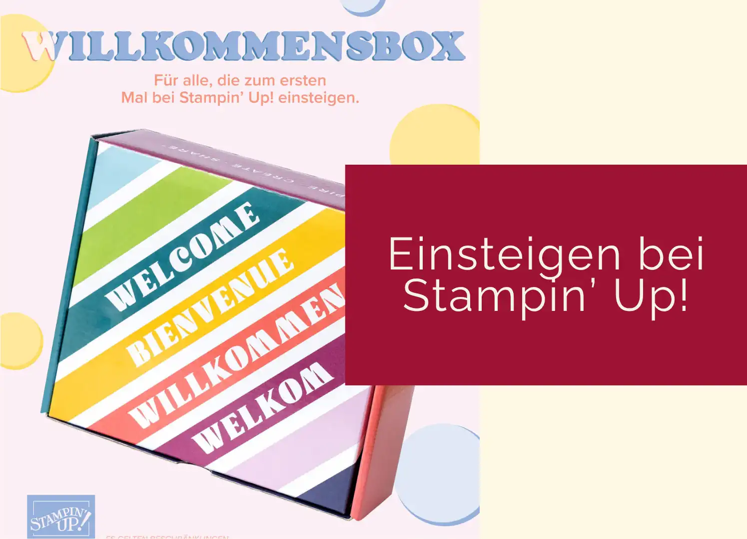 Werbegrafik 'Willkommensbox' von Stampin' Up! für Neueinsteiger: bunte, gestreifte Box mit dem Schriftzug 'Welcome, Bienvenue, Willkommen, Welkom' in verschiedenen Sprachen, dazu der Text 'Einsteigen bei Stampin' Up!' auf chilirotem Hintergrund. Beitragsgrafik zum Artikel "Einstieg bei Stampin' Up! wird einfacher"