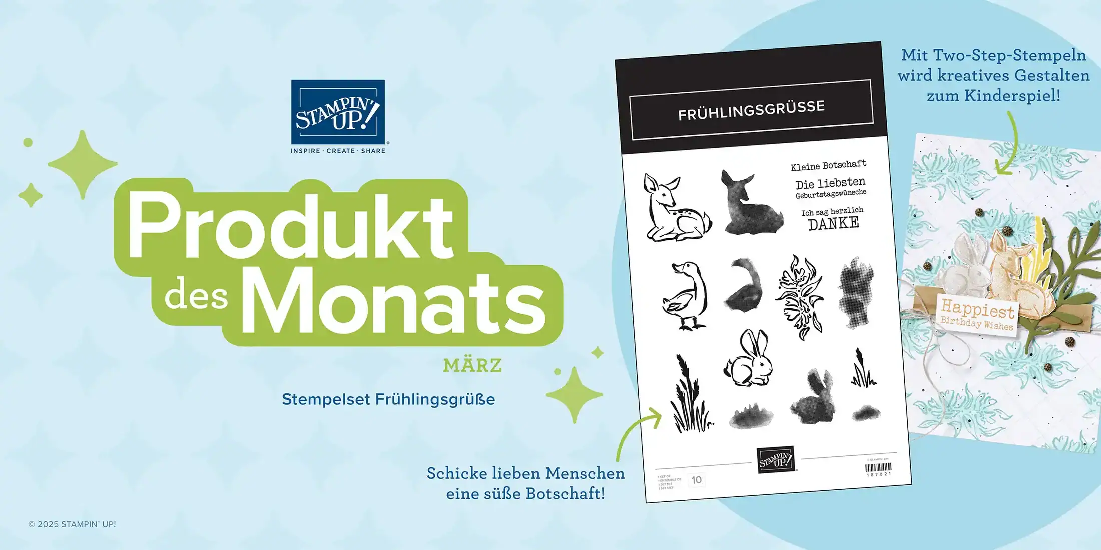 März 2026 - Stempelset Frühlingsgrüße: Werbebanner "Produkt des Monats März" von Stampin' Up' für das Klarsichtstempelset "Frühlingsgrüße". Zeigt die Verpackung mit Reh-, Enten- und Hasenmotiven sowie eine Grußkarte mit gestempelten Tieren und dem Text "Happiest Birthday Wishes".