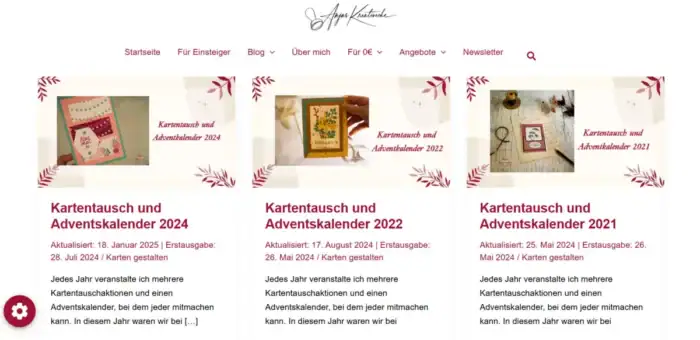 Übersichtsseite mit drei Blogartikeln zu Kartentausch und Adventskalender 2024, 2022 und 2021 auf Anjas Kreativecke
