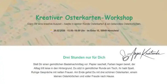 Werbebanner für den „Kreativen Osterkarten-Workshop" am 28.02.2026, 15–18 Uhr, in Herscheid