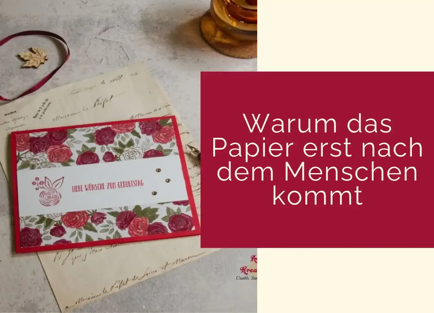 Blog-Beitragsgrafik „Vom Motorrad-Fan bis zur Reiselustigen“ mit Geburtstagskarte im Rosen-Design und der Grußzeile „Liebe Wünsche zum Geburtstag“ auf altem Briefpapier